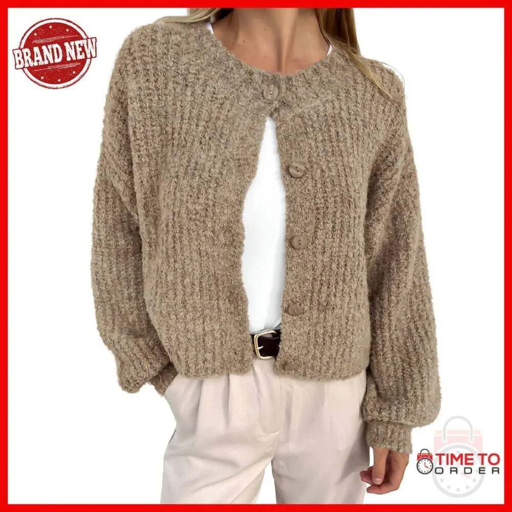 Soft Chunky Knit Cropped Cardigan Sweater Women's Long Sleeve Button Down